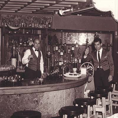 Vintage 1950s interior view of the natural stone walls in the Shadowbrook Rock Room Lounge.