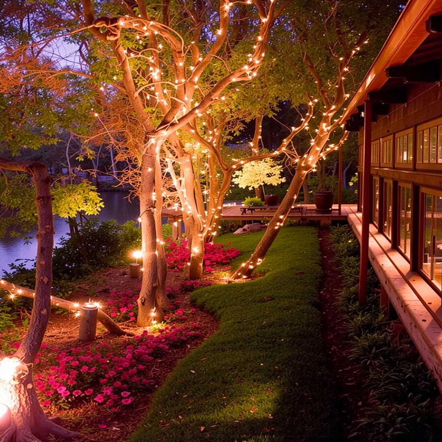 A night view of Shadowbrook Restaurant illuminated with thousands of white holiday lights, reflecting off the water of Soquel Creek and glowing through the surrounding redwood trees.